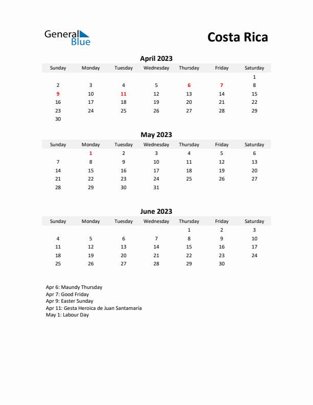 Printable Quarterly Calendar with Notes and Costa Rica Holidays- Q2 of 2023