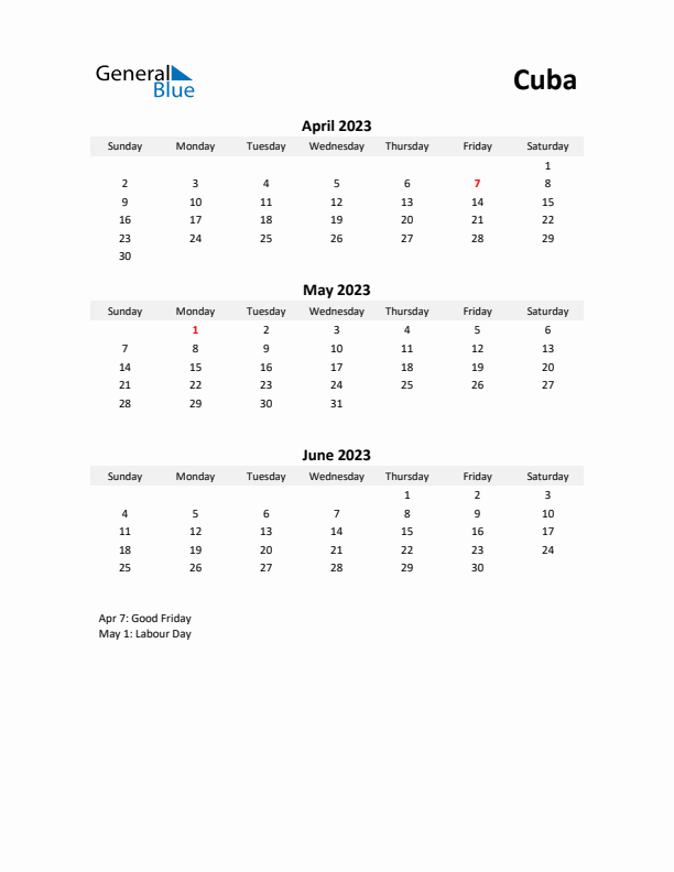 Printable Quarterly Calendar with Notes and Cuba Holidays- Q2 of 2023