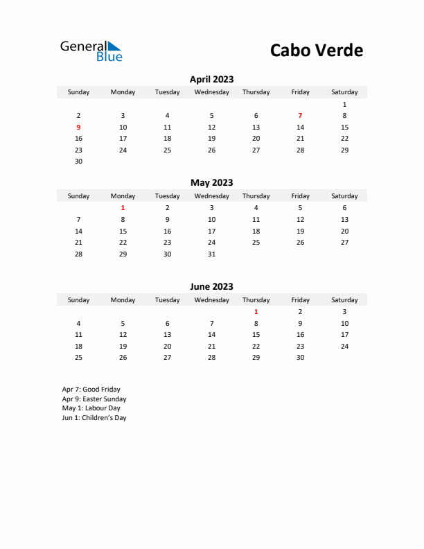 Printable Quarterly Calendar with Notes and Cabo Verde Holidays- Q2 of 2023