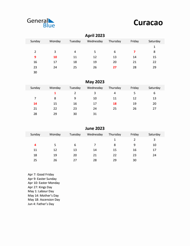 Printable Quarterly Calendar with Notes and Curacao Holidays- Q2 of 2023