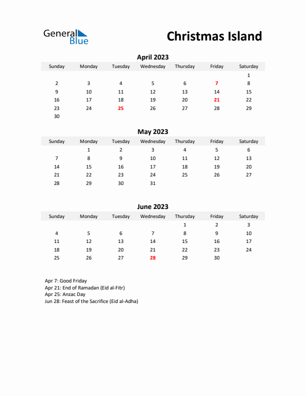 Printable Quarterly Calendar with Notes and Christmas Island Holidays- Q2 of 2023