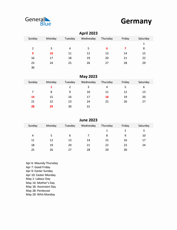 Printable Quarterly Calendar with Notes and Germany Holidays- Q2 of 2023