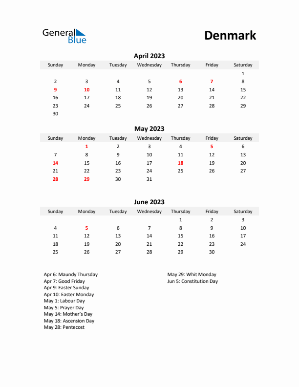 Printable Quarterly Calendar with Notes and Denmark Holidays- Q2 of 2023