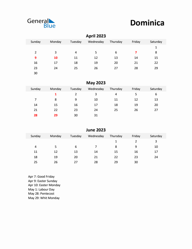 Printable Quarterly Calendar with Notes and Dominica Holidays- Q2 of 2023