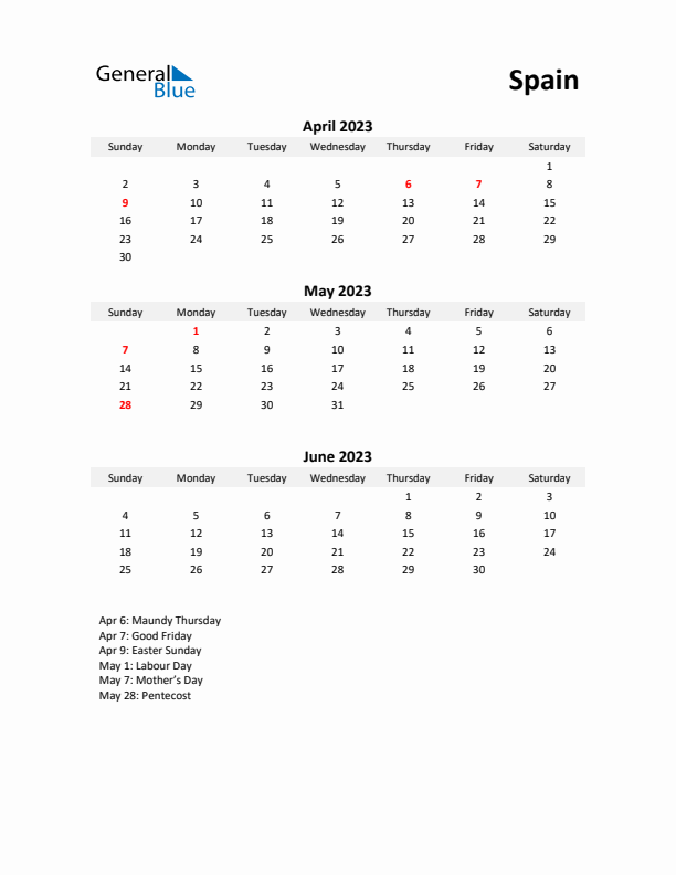 Printable Quarterly Calendar with Notes and Spain Holidays- Q2 of 2023