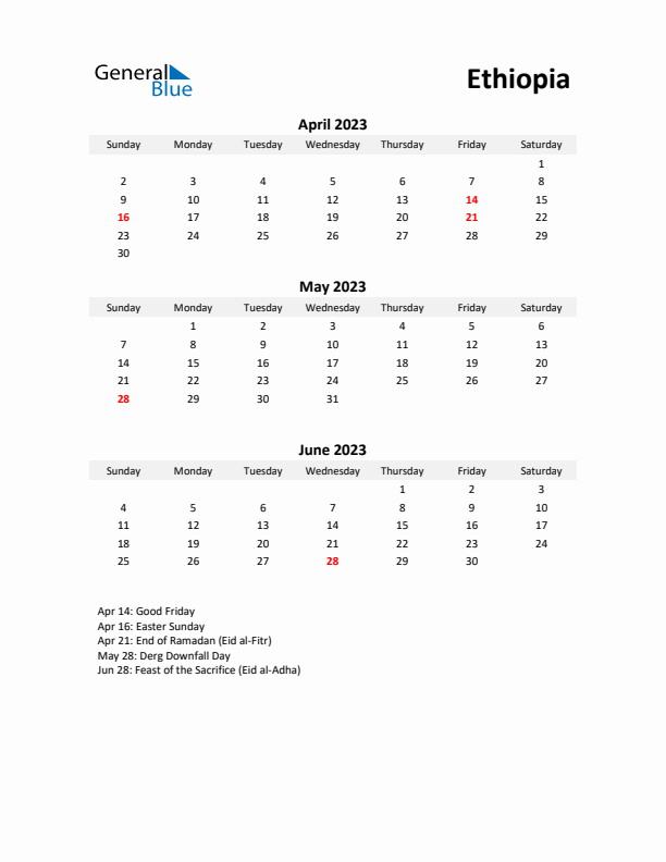 Printable Quarterly Calendar with Notes and Ethiopia Holidays- Q2 of 2023