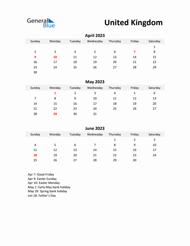 Printable Quarterly Calendar with Notes and United Kingdom Holidays- Q2 of 2023