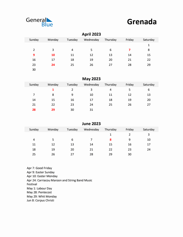 Printable Quarterly Calendar with Notes and Grenada Holidays- Q2 of 2023