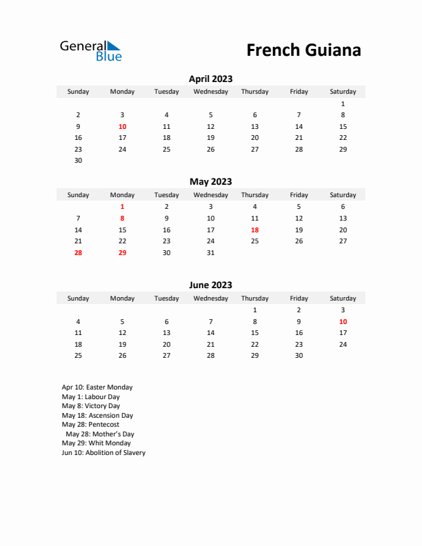 Printable Quarterly Calendar with Notes and French Guiana Holidays- Q2 of 2023