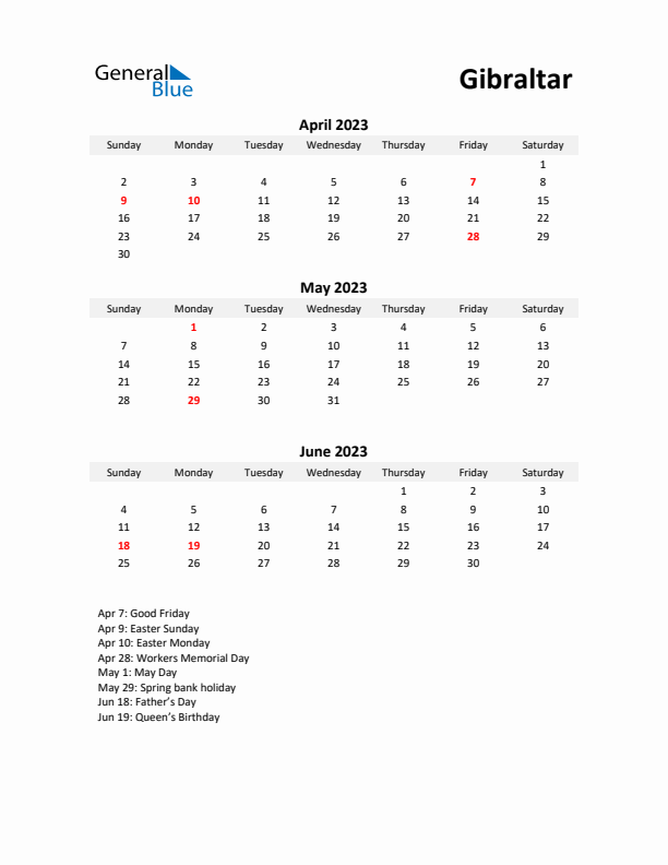 Printable Quarterly Calendar with Notes and Gibraltar Holidays- Q2 of 2023