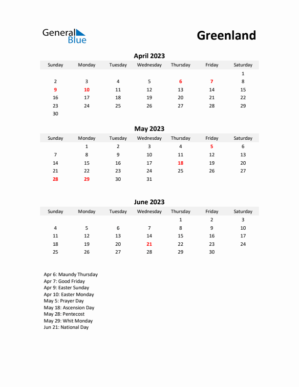 Printable Quarterly Calendar with Notes and Greenland Holidays- Q2 of 2023