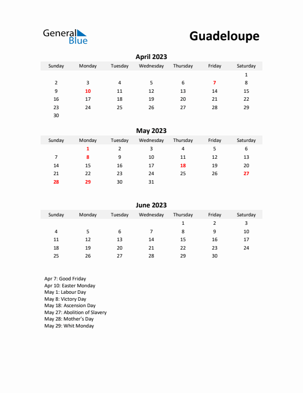 Printable Quarterly Calendar with Notes and Guadeloupe Holidays- Q2 of 2023