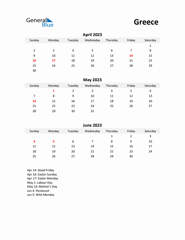 Printable Quarterly Calendar with Notes and Greece Holidays- Q2 of 2023