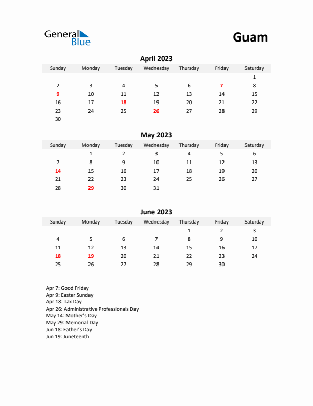 Printable Quarterly Calendar with Notes and Guam Holidays- Q2 of 2023