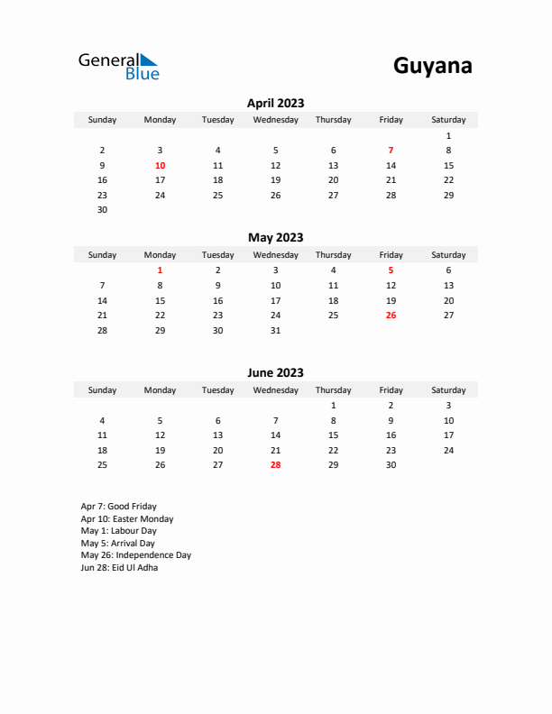 Printable Quarterly Calendar with Notes and Guyana Holidays- Q2 of 2023