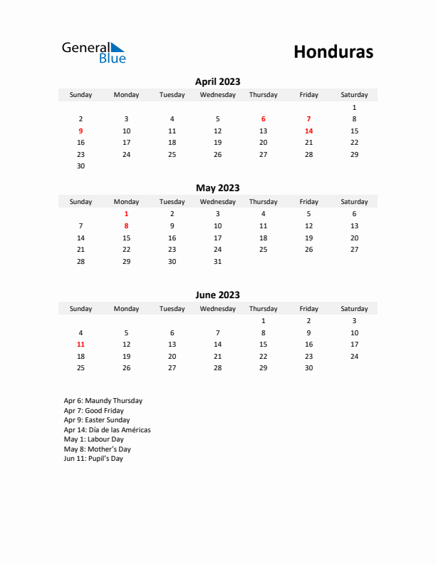 Printable Quarterly Calendar with Notes and Honduras Holidays- Q2 of 2023