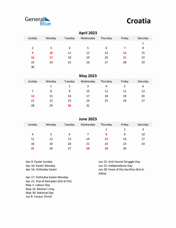 Printable Quarterly Calendar with Notes and Croatia Holidays- Q2 of 2023