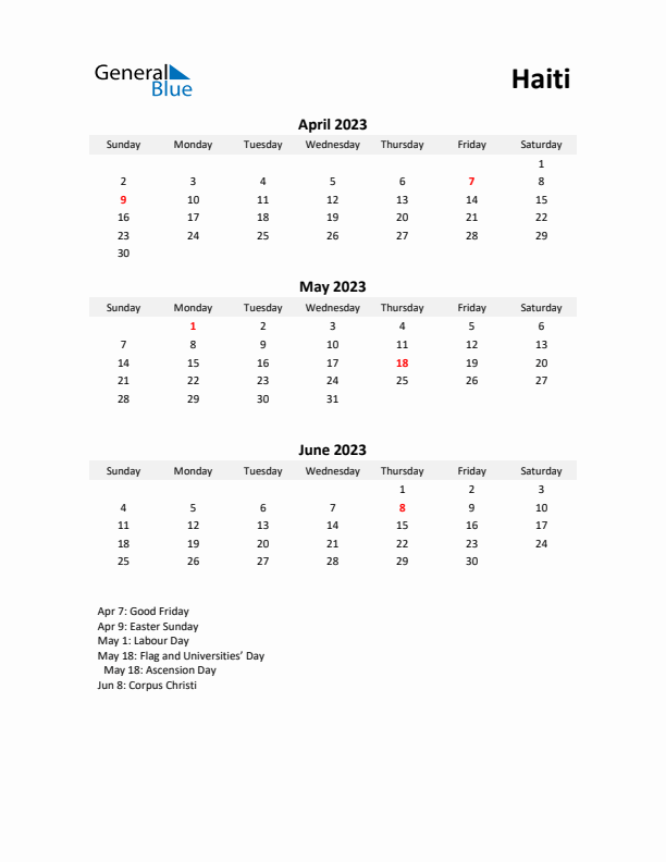 Printable Quarterly Calendar with Notes and Haiti Holidays- Q2 of 2023