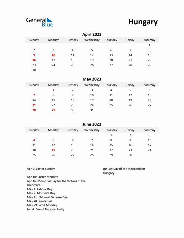 Printable Quarterly Calendar with Notes and Hungary Holidays- Q2 of 2023