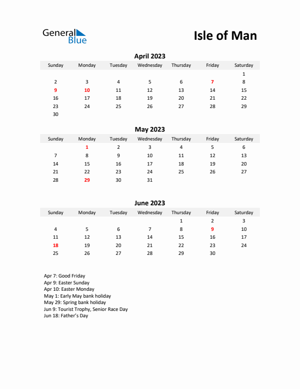 Printable Quarterly Calendar with Notes and Isle of Man Holidays- Q2 of 2023