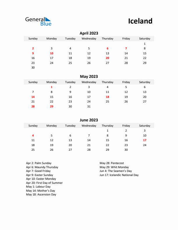 Printable Quarterly Calendar with Notes and Iceland Holidays- Q2 of 2023