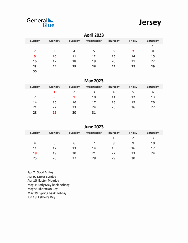 Printable Quarterly Calendar with Notes and Jersey Holidays- Q2 of 2023