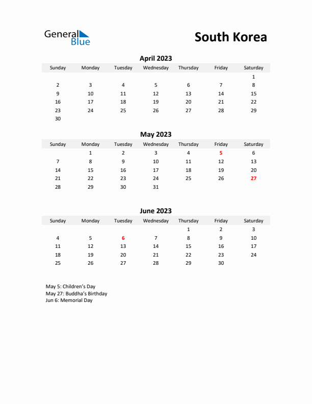 Printable Quarterly Calendar with Notes and South Korea Holidays- Q2 of 2023