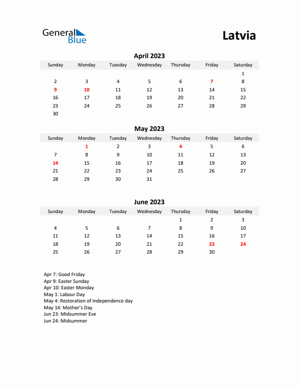 Printable Quarterly Calendar with Notes and Latvia Holidays- Q2 of 2023