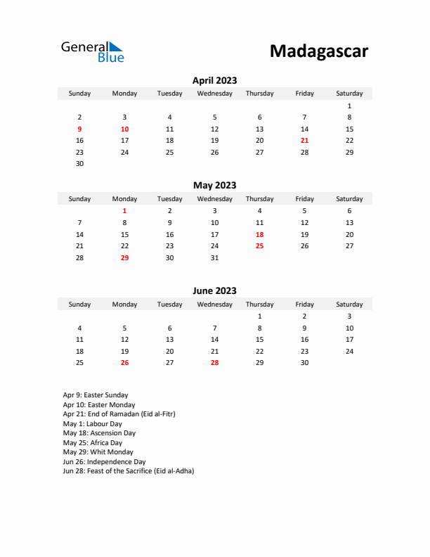 Printable Quarterly Calendar with Notes and Madagascar Holidays- Q2 of 2023