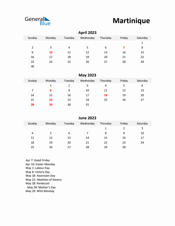 Printable Quarterly Calendar with Notes and Martinique Holidays- Q2 of 2023