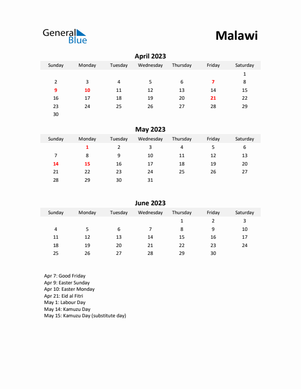 Printable Quarterly Calendar with Notes and Malawi Holidays- Q2 of 2023