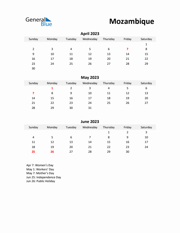 Printable Quarterly Calendar with Notes and Mozambique Holidays- Q2 of 2023