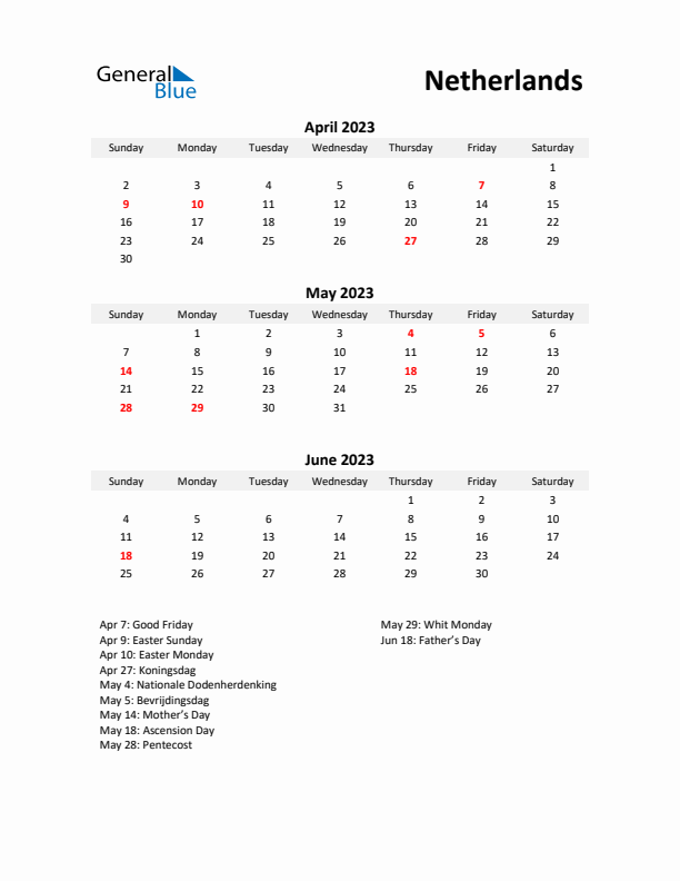 Printable Quarterly Calendar with Notes and The Netherlands Holidays- Q2 of 2023