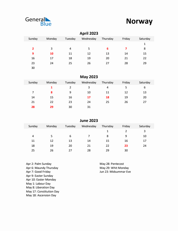 Printable Quarterly Calendar with Notes and Norway Holidays- Q2 of 2023