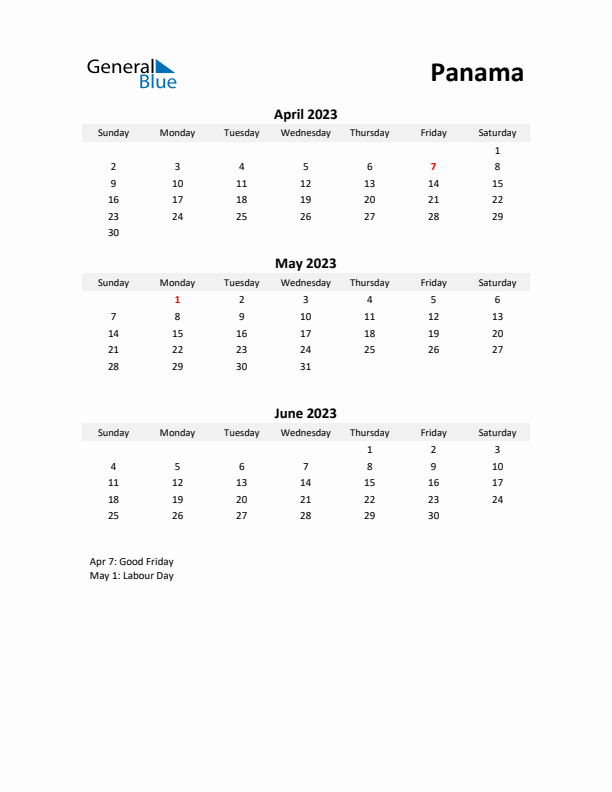 Printable Quarterly Calendar with Notes and Panama Holidays- Q2 of 2023