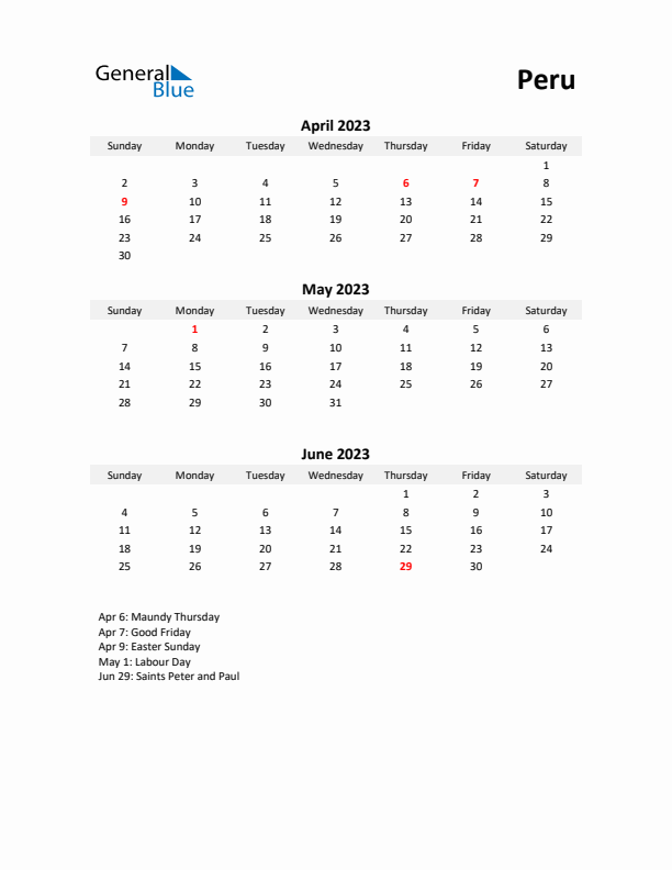 Printable Quarterly Calendar with Notes and Peru Holidays- Q2 of 2023