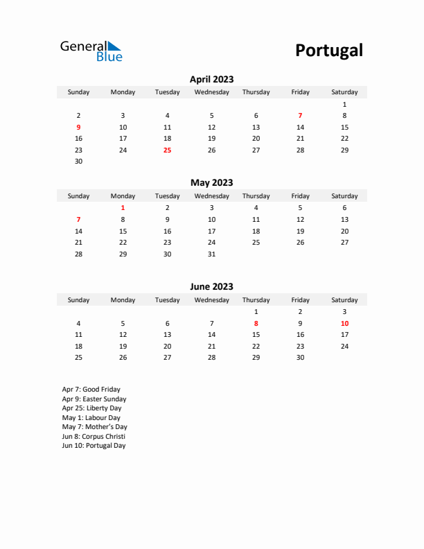 Printable Quarterly Calendar with Notes and Portugal Holidays- Q2 of 2023