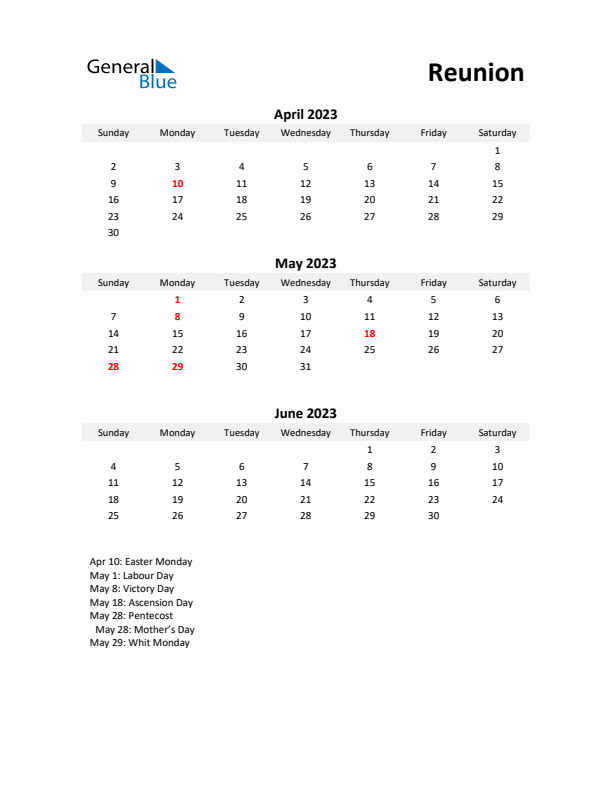 Printable Quarterly Calendar with Notes and Reunion Holidays- Q2 of 2023