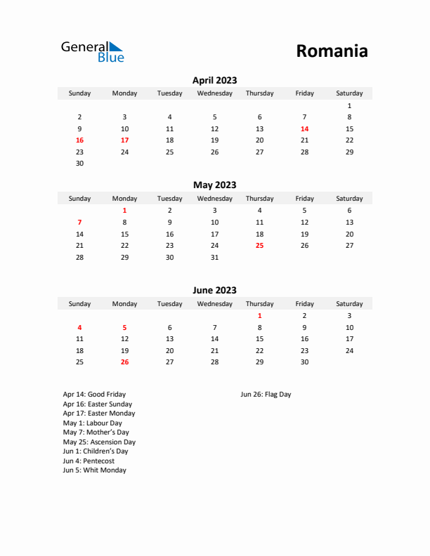 Printable Quarterly Calendar with Notes and Romania Holidays- Q2 of 2023