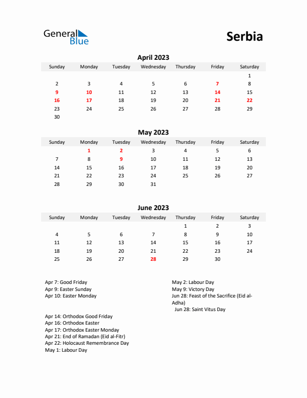 Printable Quarterly Calendar with Notes and Serbia Holidays- Q2 of 2023