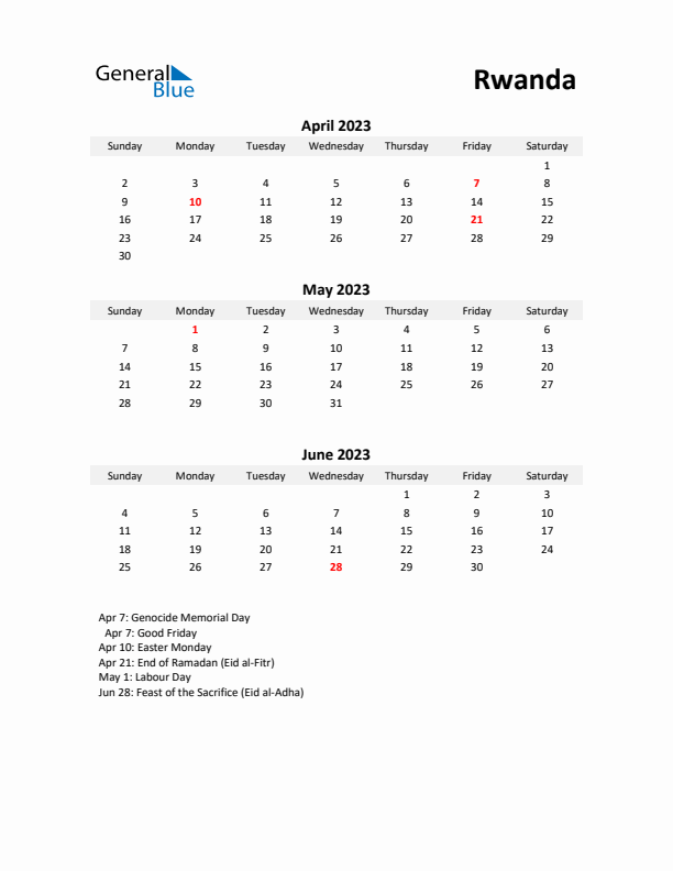 Printable Quarterly Calendar with Notes and Rwanda Holidays- Q2 of 2023