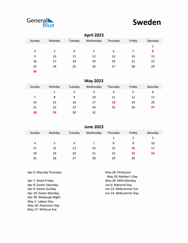 Printable Quarterly Calendar with Notes and Sweden Holidays- Q2 of 2023