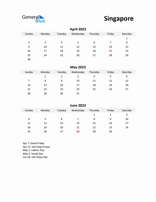 Printable Quarterly Calendar with Notes and Singapore Holidays- Q2 of 2023