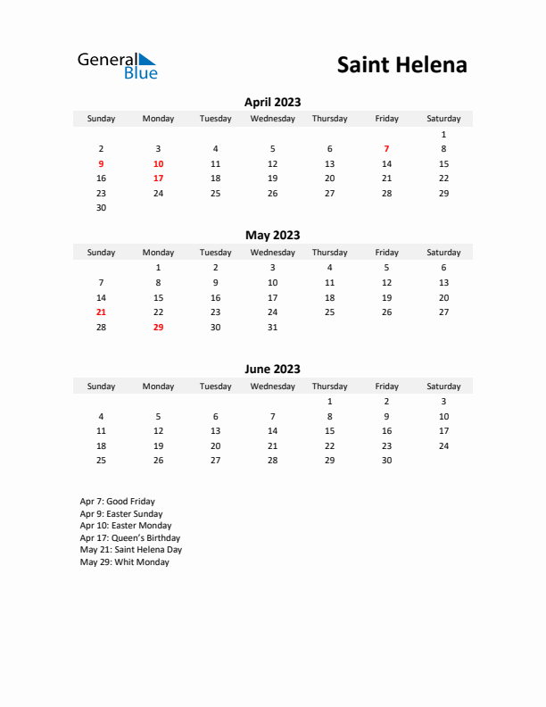 Printable Quarterly Calendar with Notes and Saint Helena Holidays- Q2 of 2023