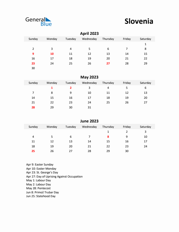 Printable Quarterly Calendar with Notes and Slovenia Holidays- Q2 of 2023