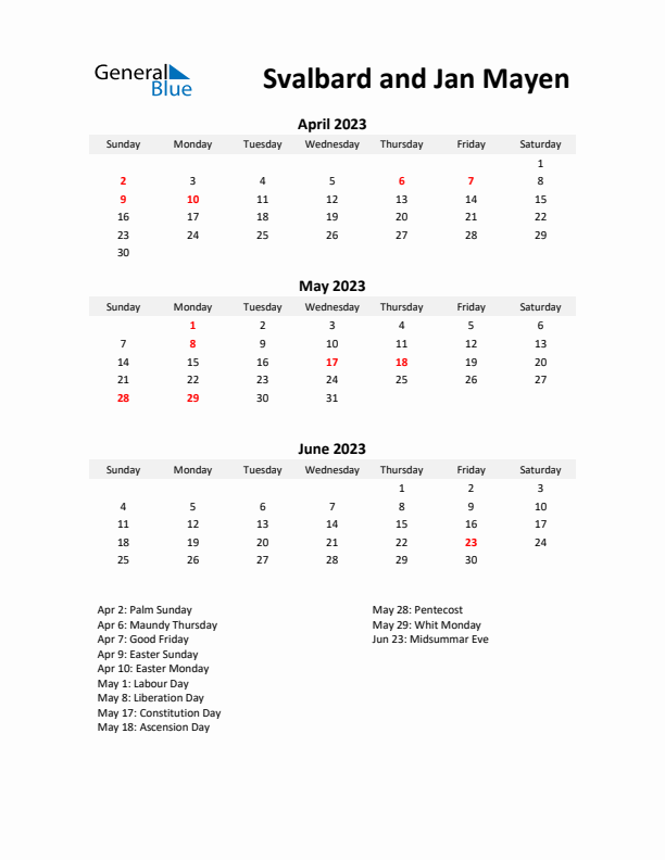 Printable Quarterly Calendar with Notes and Svalbard and Jan Mayen Holidays- Q2 of 2023