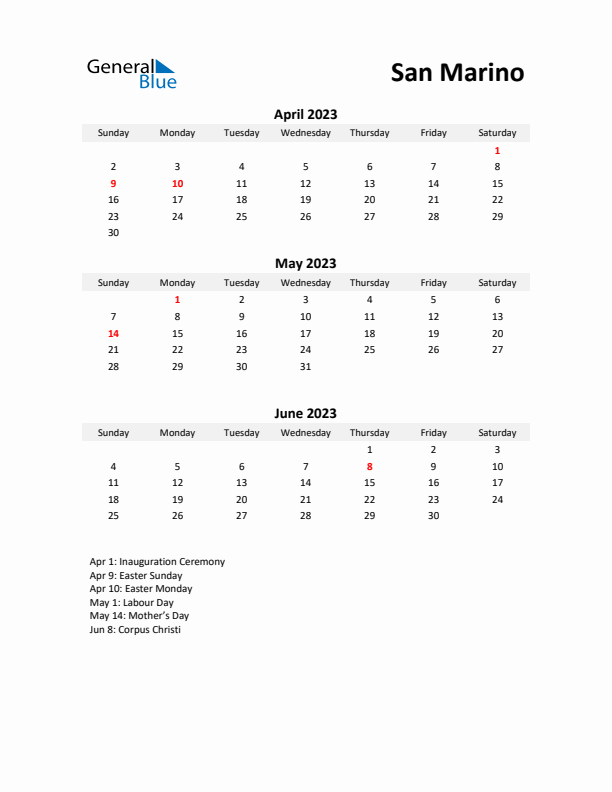 Printable Quarterly Calendar with Notes and San Marino Holidays- Q2 of 2023