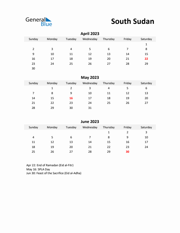 Printable Quarterly Calendar with Notes and South Sudan Holidays- Q2 of 2023