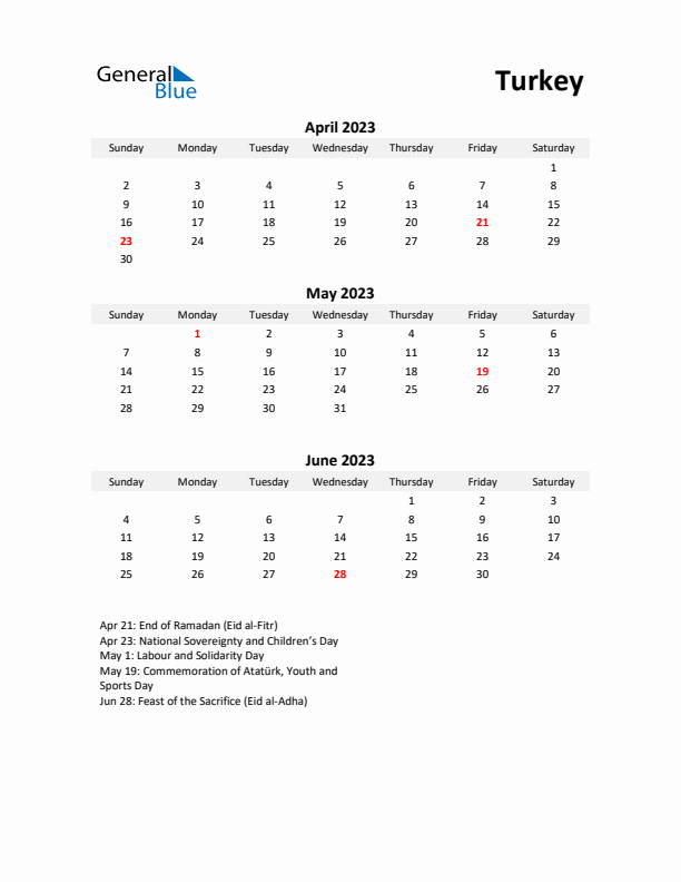 Printable Quarterly Calendar with Notes and Turkey Holidays- Q2 of 2023