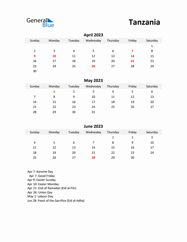 Printable Quarterly Calendar with Notes and Tanzania Holidays- Q2 of 2023